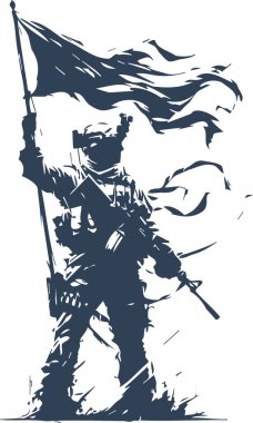 Soldier in full combat gear holding a flag in vector stencil