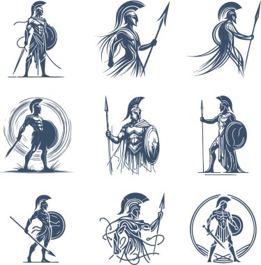Eski Roma savaşçısı elinde bir silah ve beyaz arka planda vektör monokrom çizimlerinden oluşan bir kask koleksiyonuyla.