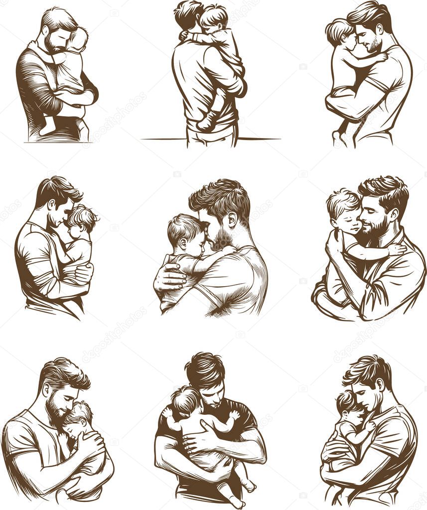 Vector line sketch drawing of a father hugging her child