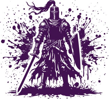 a knight in metal armor with a sword and shield stands ready for battle abstract vector stencil drawing clipart