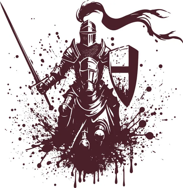 stock vector medieval knight with a sword and shield in armor sits on a horse abstract vector stencil drawing