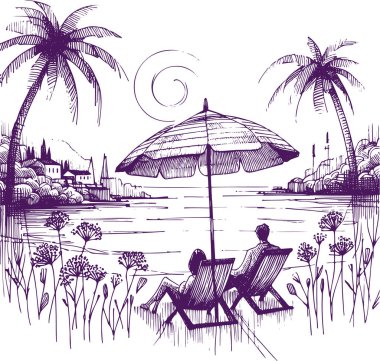 Bir vektör çiziminde gölün kıyısındaki bir şemsiyenin altında iki kişi güneşli salonda oturuyor.