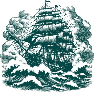 Drawing of a ship with sails in the waves of a storm clipart