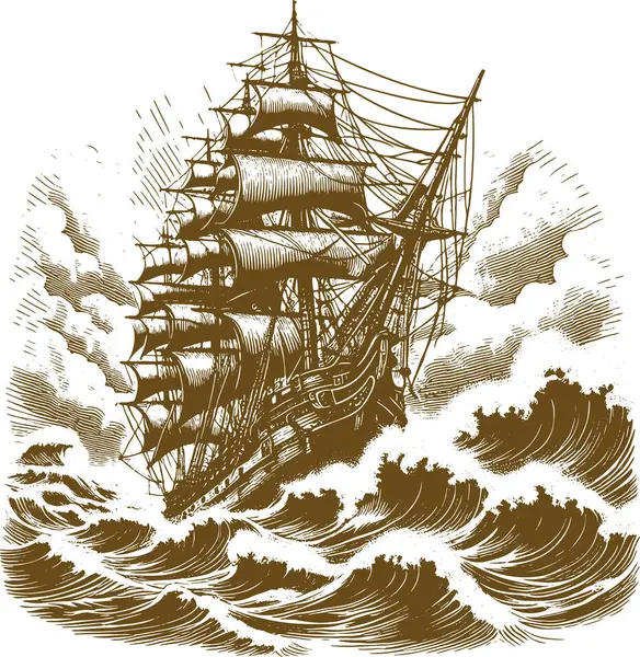 stock vector Illustration of a vintage wooden ship with sails on the waves