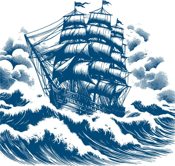 stock vector monochrome illustration of a sailboat in the stormy waves of a storm