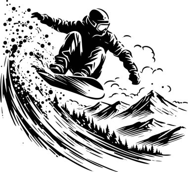 Kar kaydırağından atlayan bir snowboardcu, dağ vektör illüstrasyonunun arka planına karşı kar damlalarını yükseltir.