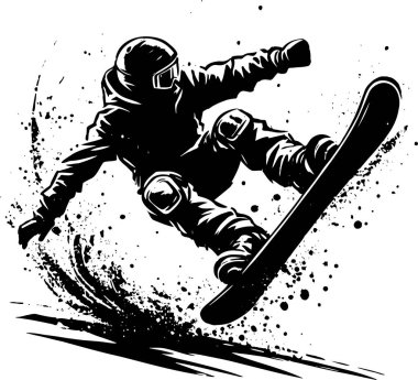 Snowboardcu hızla iniyor. Kar yamacı yükseliyor. Kar vektörü çizimleri yapılıyor.