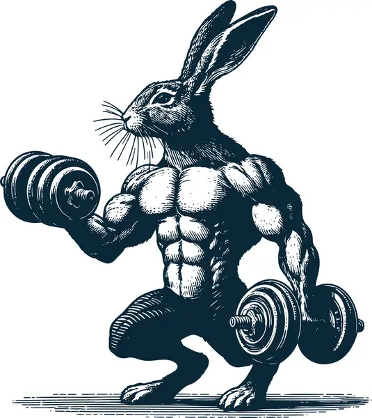 stock vector Rabbit bodybuilder with muscular figure lifting dumbbells vector stencil illustration