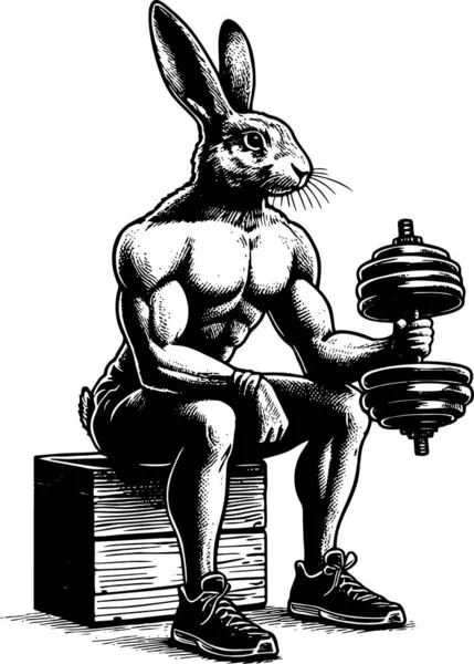 Stock vector Anthropomorphic hare bodybuilder with dumbbells retro style in vector