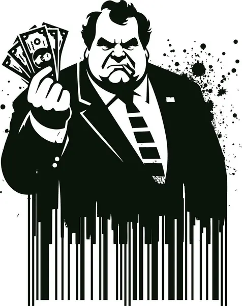 stock vector menacing man in a suit with money in his hand as a stencil illustration with splashes