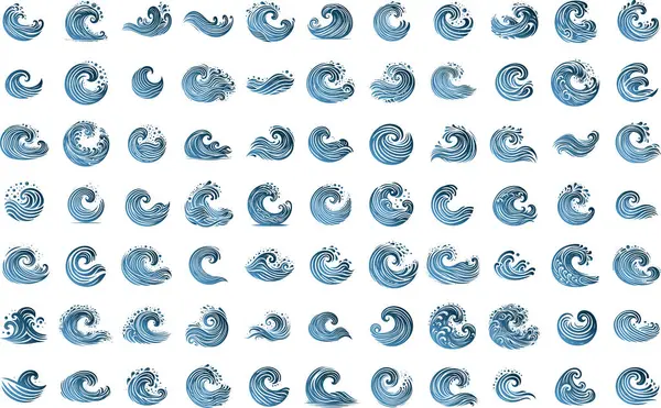 stock vector Set of vector stylized waves in blue on white background for decorative use