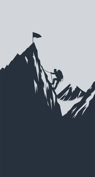 stock vector Vector monochrome illustration of a rock climber climbing a mountain with a flag on it on a transparent background