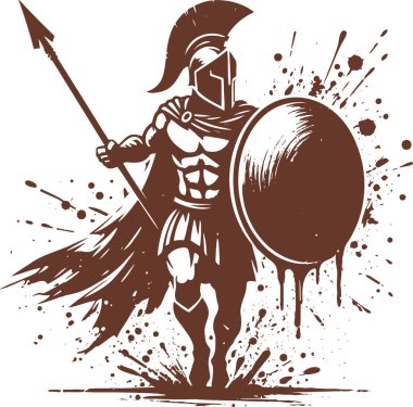Kalkanları ve mızrakları sıçramış Spartalı savaşçı silueti.