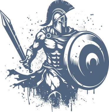 Vector art silhouette of Spartan with shield sword and splashes clipart