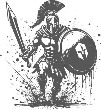 Vector silhouette illustration of Spartan warrior with shield and sword splatters clipart