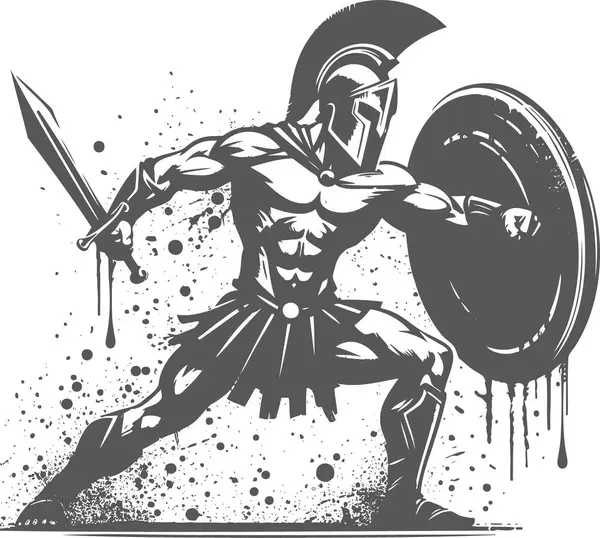 stock vector Spartan warrior silhouette with round shield and sword abstract vector