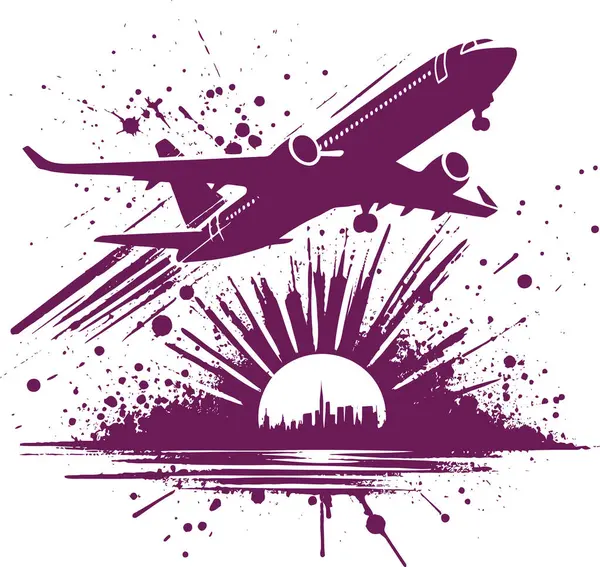 Stock vector passenger plane takes off over city stencil drawing with torn edges and streaks