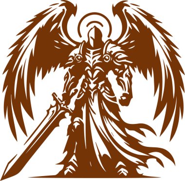 Armor clad guardian angel with sword in a simple stencil drawing clipart