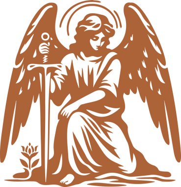 Kederli kanatları ve kılıcı olan diz çökmüş bir meleğin basit şablon sanatı.