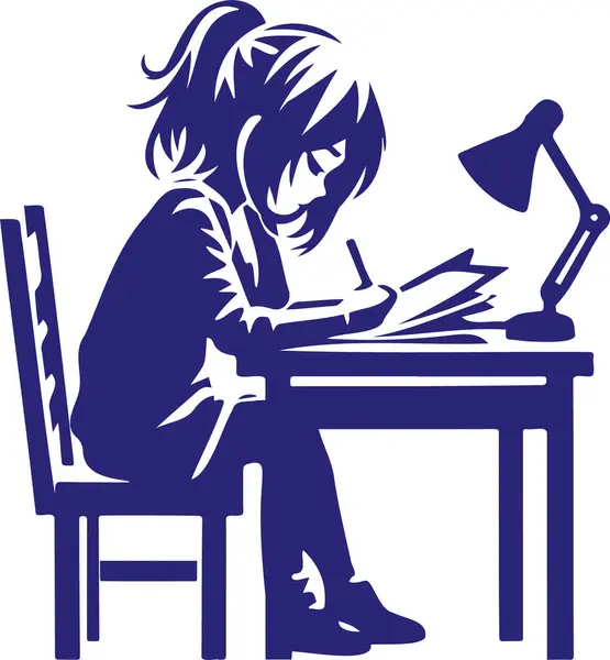 stock vector Schoolgirl girl writing at table under desk lamp stencil illustration