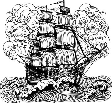 Detailed image of an antique sailing ship coloring page clipart