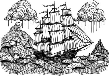 Coloring page of an antique ship with sails made in vintage style clipart