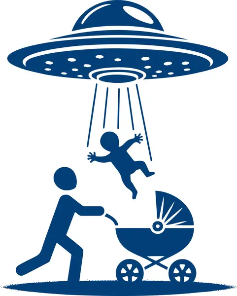 stock vector Flying saucer kidnaps child from wheelchair car fantasy stencil illustration