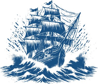 Ship on waves graphic illustration with splash effect vector monochrome clipart