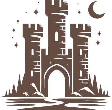 Fortified structure with two round towers under the moon clipart