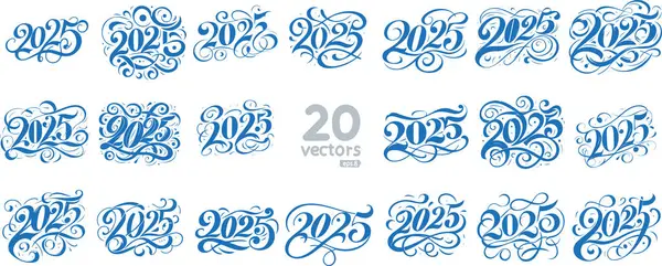 stock vector Calligraphy inspired 2025 numbers with decorative swirls monochrome stencils