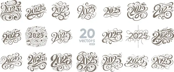 stock vector Monochrome calligraphy-style 2025 numbers with flourishes stencil design