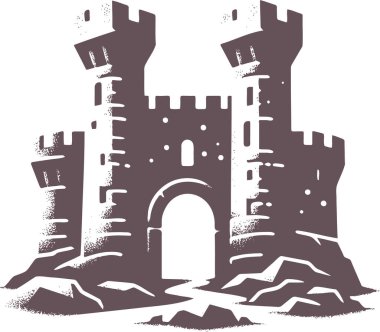 Castle with towers and flags in silhouette style simple minimalistic stencil drawing clipart