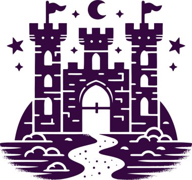 Majestic castle on a rocky base stylized as old illustrations simple stencil minimalist drawing clipart