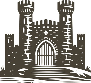 Fortress silhouette with two towers and arched entrance simple minimalistic stencil design clipart