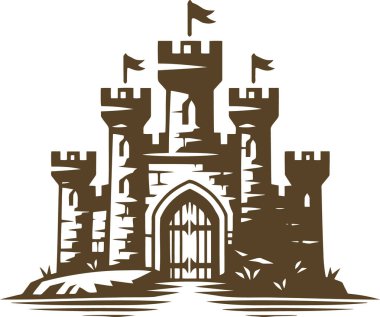 Fortress with high towers and closed gates simple minimalistic stencil drawing clipart