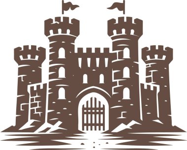 Fortress with towers and flags stylized as a classic illustration simple minimalistic stencil drawing clipart