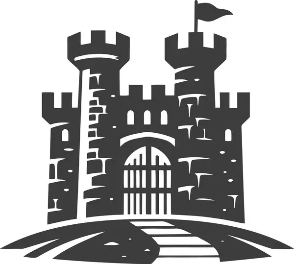 stock vector Fortified castle entrance with towers and flag stylized as engraving simple minimalistic stencil drawing