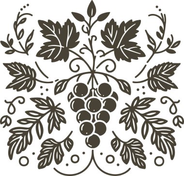 Decorative ornament with symmetrical leaves and grapes in a stencil clipart