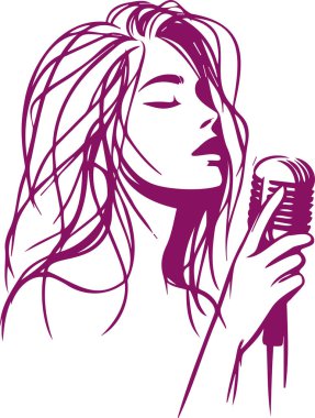 Simple outline illustration of a girl with a microphone in profile clipart