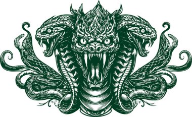 Artistic engraving of a mythical snake with large fangs clipart