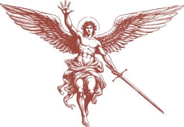 Kılıçlı görkemli bir melek ve anatomik olarak doğru çizimleri durdurmak için kanatlarını açmış.