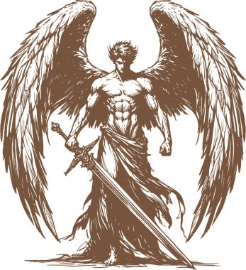 Muscular angel with a sword dressed in simple cloth stylized as a classical engraving clipart