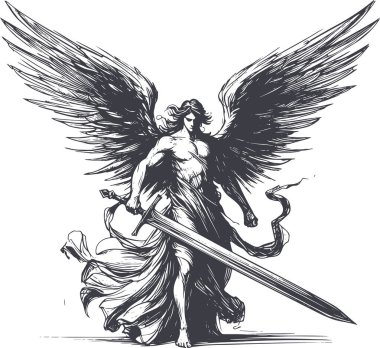 Powerful angel with sword and spread wings in detailed engraving style clipart