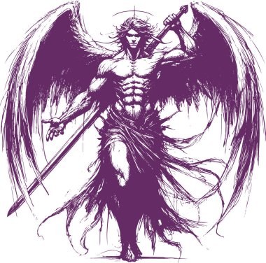 Courageous warrior angel with spread wings and sword drawn from behind his back epic illustration clipart