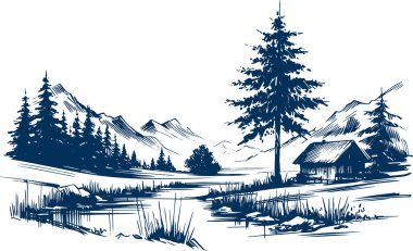 Ufuktaki yüksek dağlara akan küçük bir nehir, ağaçların arasında küçük bir ev. Basit minimalist bir şablon çizimi.