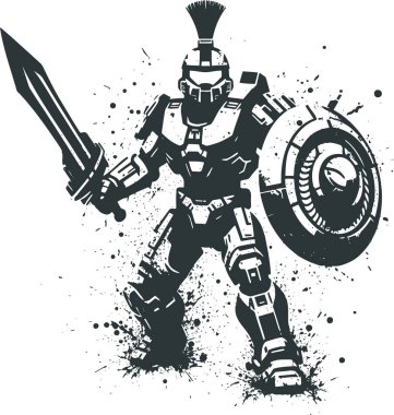 Armored Warrior with Sword and Shield in Ink Splatter Style clipart