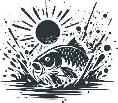 Stylized Fish Jumping Out of Water with Sunburst in Ink Art clipart