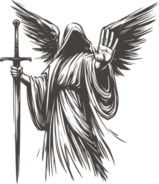 Hooded Angel with Sword in Detailed Black and White Style clipart