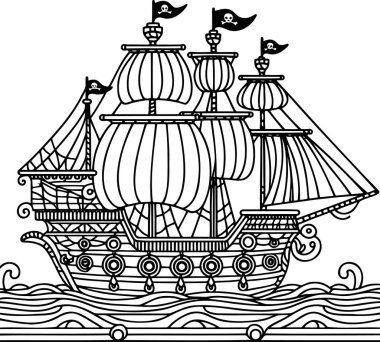 Detailed Contour Drawing of Pirate Ship on Waves clipart