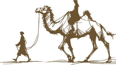 silhouette abstract drawing of a man leading a camel with a rider on top clipart